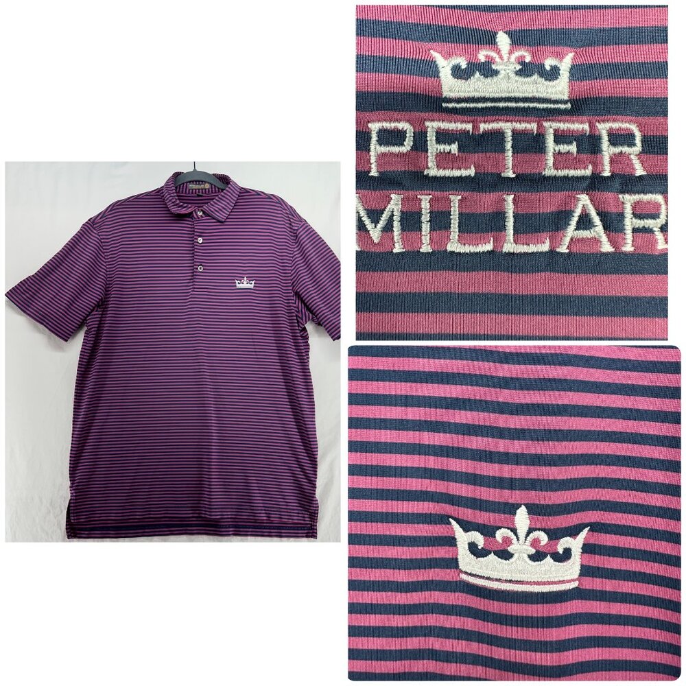Peter Millar Polo Mens Medium Pink Blue Stripe Golf Summer Comfort Crown Logo